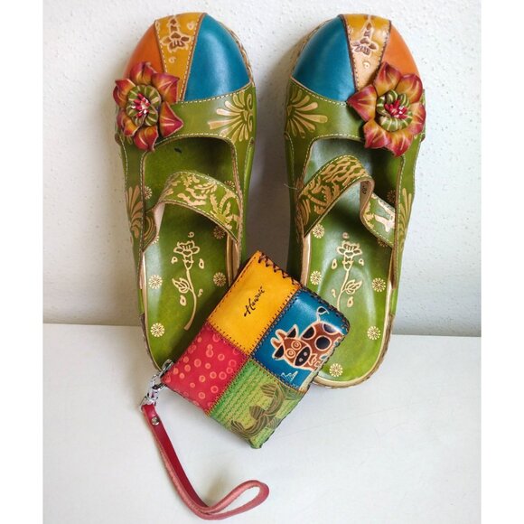 Women's Leather Flower Boho Sandals and Coin Purse Wristlet - Picture 2 of 16